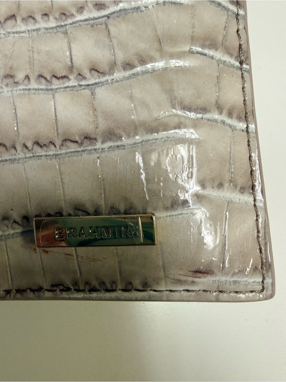Brahmin Cream Croc-Embossed Glossy Wallet with Gold Logo